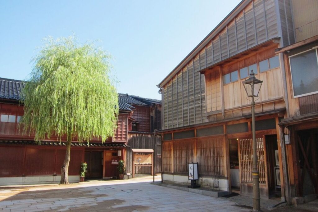 Higashi Chaya District Kanazawa with wooden lattice facades lining the street