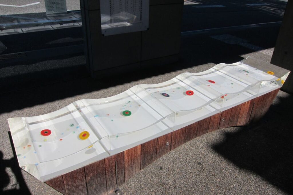 Kanazawa bus stop bench with traditional craft design detail