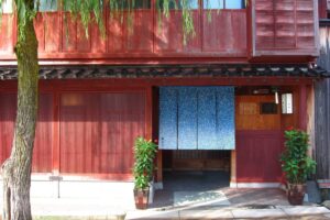Historic street in Kanazawa Japan with traditional machiya townhouses